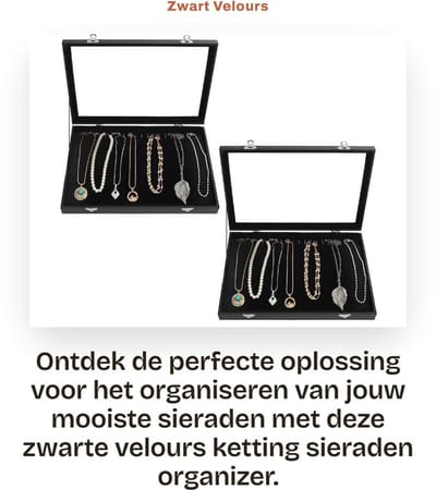 Dailygoods- Sieradenbox Zwart Fluweel - 20 Haken - Glazen Deksel - 2 Stuks - Sieraden Organizer - Afmetingen L35 x B24 x H4,5 cm - Sieradenopberger