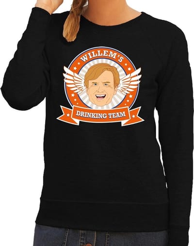Koningsdag Willem drinking team sweater / trui zwart dames - Koningsdag kleding XS
