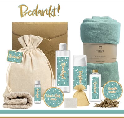 Geschenkset “Bedankt” - 10 producten - 1400 gram | Cadeau Vrouw - Wellness Giftset Vrouw - Cadeaupakket - Speciaal voor jou Cadeau - Gift Set Vriendin - Collega - Vrijwilliger - Zorgwerker - Kraamverzorgster - Fleece deken Turquoise -Goud