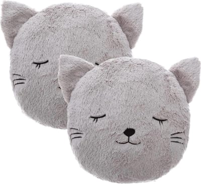 Atmosphera Dieren sierkussen - 2x - kinderkamer - kat/poes - grijs - 27 cm - polyester