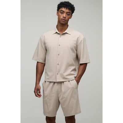 Gestreept Boxy Oversized Shirt & Short Set | Taupe | Size XS