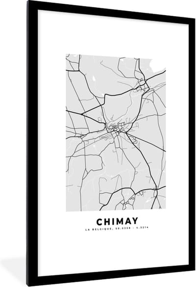 Fotolijst incl. Poster Zwart Wit- Zwart Wit – België – Plattegrond – Stadskaart – Kaart – Chimay - 80x120 cm - Posterlijst