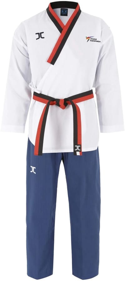 JCalicu poomsae taekwondopak poom jongen | WT | Wit / Blauw (Maat: 140)