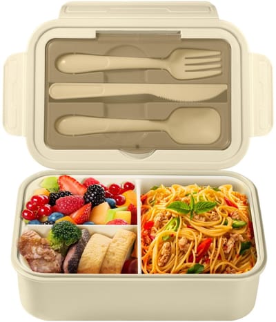 SnelShoppen - Lunch Box met Compartimenten voor Kinderen en Volwassenen, 1400 ml, Bento Box, Magnetronbestendig, Khaki, Ideaal voor Werk en School