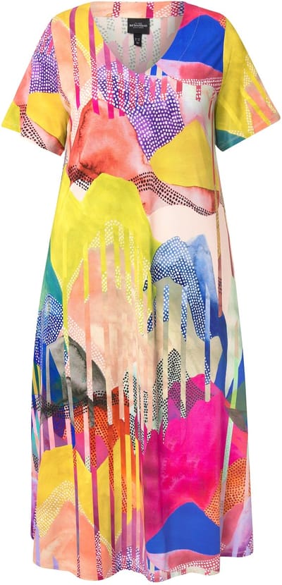 Ulla Popken - Dames - Slinky midi-jurk A-lijn V-hals halflange kapmouwen - Magenta - Maat 46+