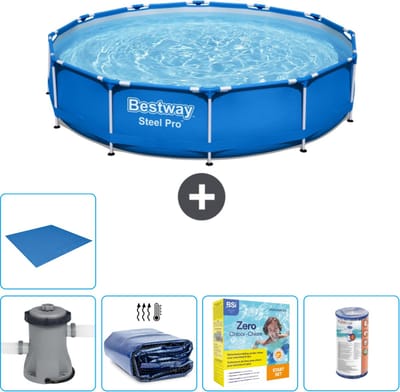 Bestway Rond Steel Pro Zwembad - 366 x 76 cm - Blauw - Inclusief Pomp Solarzeil - Onderhoudspakket - Filter - Grondzeil