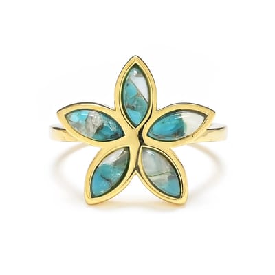 Cavill - Zilveren Ring met Vergulde Turquoise Mozaiek Marquise Cabochon - 925 Sterling Zilver - 1 85 ct - Elegant Bloemmotief - Ringen voor Dames