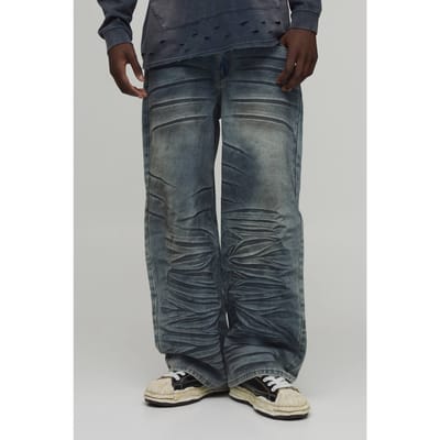 Extreme Crease Wash Wijde Pijpen Jeans | Antique Blue | Size 28