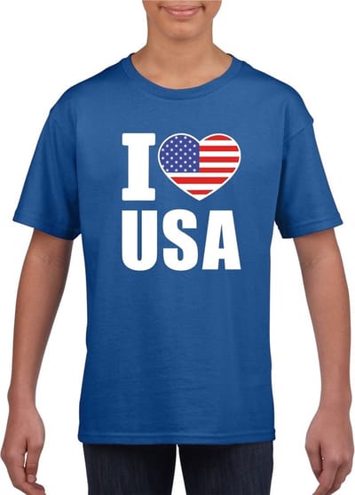 Blauw I love USA - Amerika supporter shirt kinderen - Amerikaans shirt jongens en meisjes 110/116