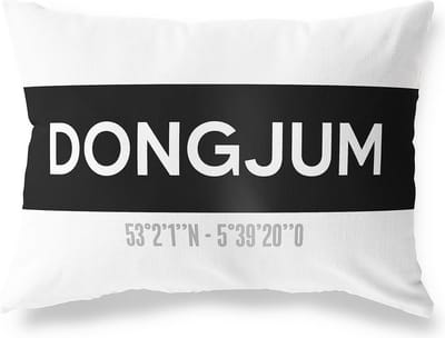Tuinkussen DONGJUM - FRIESLAND met coördinaten - Buitenkussen - Bootkussen - Weerbestendig - Jouw Plaats - Studio216 - Modern - Zwart-Wit - 50x30cm
