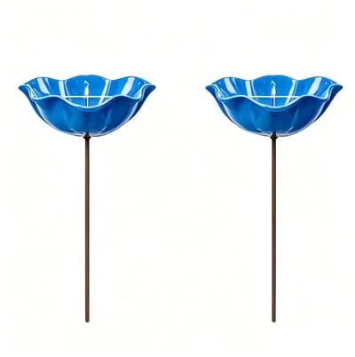 2-stuks Vogelwaterbak - Drinkstation - Kolibriebadbeker - Tuindecoratie - Biedt water - Aluminiumlegering - 15x15x60cm - Geschikt voor plaatsing in bloemperken, op paden, gazons of in bloempotten - Blauw