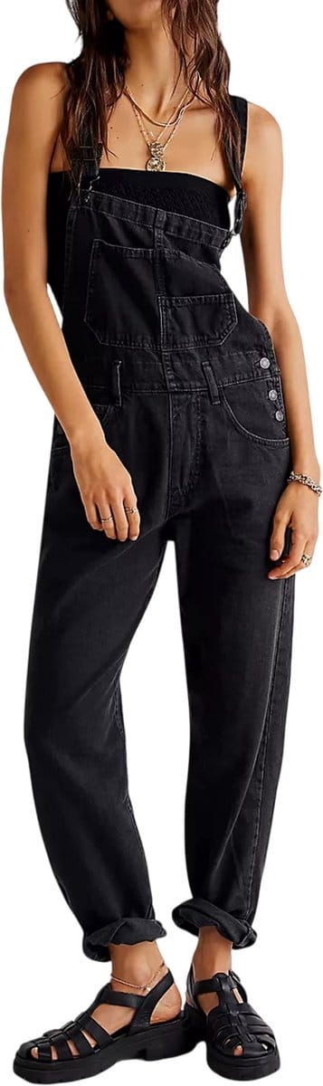 Spijkerbroek Jumpsuit Dames – Denim Overall Casual Wijde Pijpen, Baggy Bib Broek Romper Zomer - Zwart - Maat S