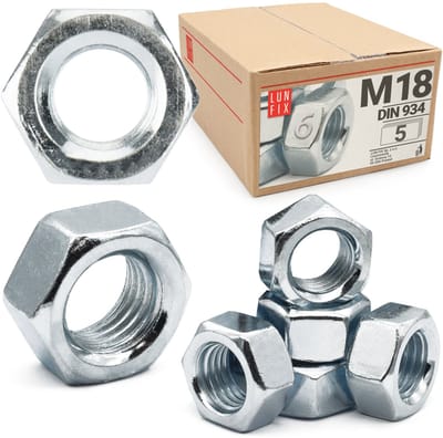 LUN FIX - Zeskantmoer M18 - 5 Stuks - DIN 934 - Sterkte 8 - Verzinkt staal - Moeren voor schroeven