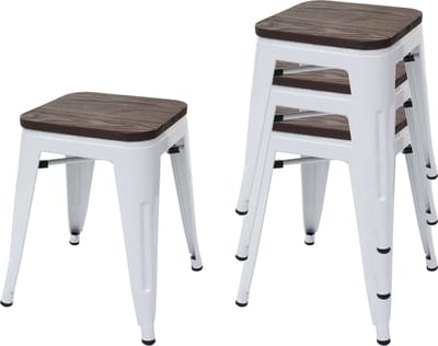 Set van 4 krukken MCW-A73 incl. houten zitting, metalen kruk, stapelbaar ~ wit