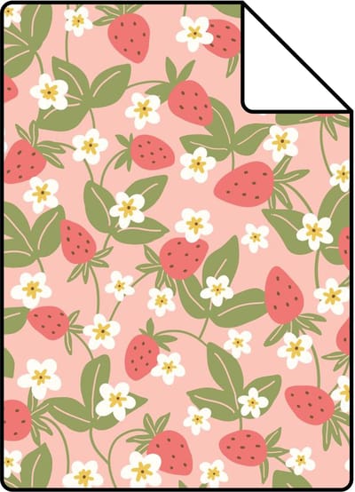 Proefstaal ESTAhome behang aardbeien groen en roze - 26.5 x 21 cm - 132172-S