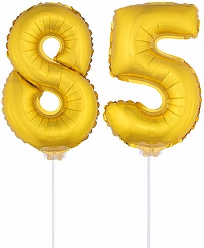 85 jaar leeftijd feestartikelen - versiering cijfers - ballonnen op stokje - van 41 cm - Combi van cijfer 85 - in het goud
