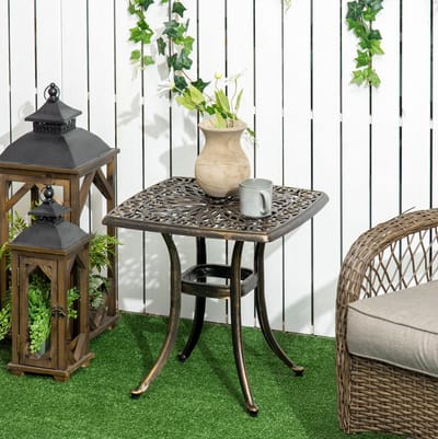 Tuintafel - Bijzettafel Met Parasolgat En Verstelbare Voeten - Voor Tuin En Balkon - Aluminium In Brons - 54 x 54 x 52,5 cm