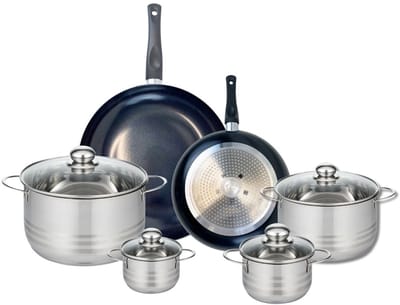 Set van 2 Koekenpannen 24 en 32 cm en 4 kookpotten 12, 14, 20 en 24 cm Elo Prima Glanzend
