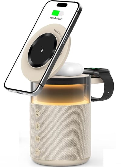 Draadloze oplader 5-in-1 - 15W Snellader - Qi Oplaadstation met Speaker & Nachtlamp - Geschikt voor MagSafe - Goud