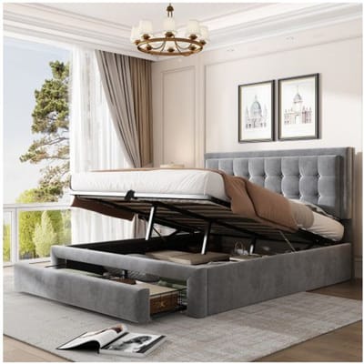 Gestoffeerd bed - MUVOE - 140x190 cm - Verstelbaar hoofdbord - 2 opberglades - Grijs fluweel grijs