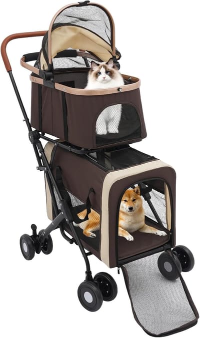 Huisdierwagen 3-in-1 - Reisbuggy Honden - Veilig Vervoer - Opvouwbaar Ontwerp - 35 kg Draaglast - Bruin