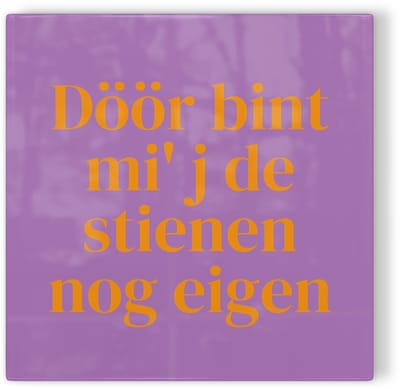 Tegeltje Zwolle Döör bint mi' j de stienen nog eigen - paars oranje - tegeltje stad - tegeltje met tekst