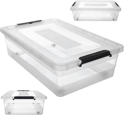 KADAX Opbergdoos met deksel, speelgoedkist, robuuste kunststof container van kunststof, opbergbox met kliksluiting, opbergdoos (transparant, 28 liter)