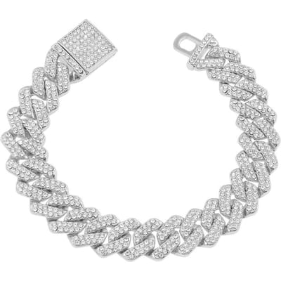 Bracelets Chaîne Maille Cubaine Hip Hop 7/8/9 pouces Couleur Or Strass 12mm Bracelets Glacés Punk Bracelet Homme Bijoux 7 inch  18cm white