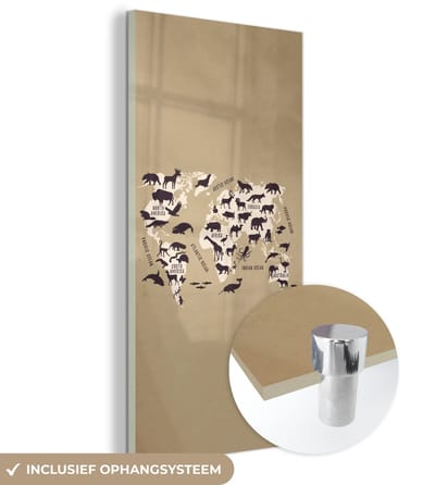® Glasschilderij 20x40 cm - Schilderij acrylglas - Wereldkaart - Dieren - Bruin - Foto op glas - Muurdecoratie woonkamer - Wanddecoratie slaapkamer - Schilderijen