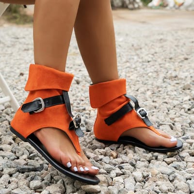 Clip Teen Romeinse Sandalen Denim Riemgesp Visgraat Platte Laarzen Vrouwen Casual Sandalen Rits Achter Dames Hoge Schoenen Zomer 38 brown