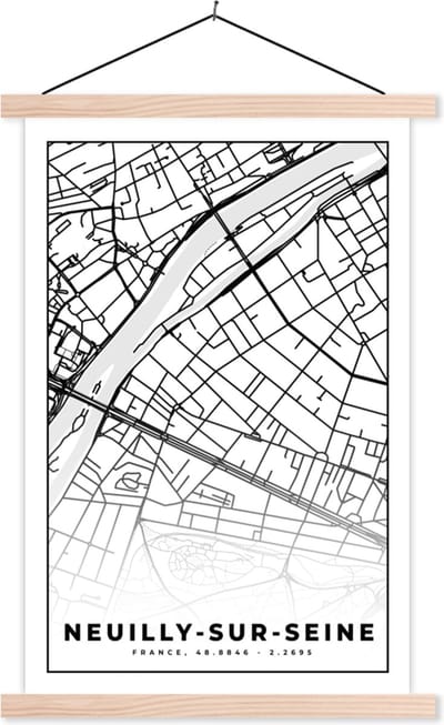 Posterhanger incl. Poster 40x60 cm - Schoolplaat - Kaart - Plattegrond - Frankrijk - Stadskaart - Neuilly-sur-Seine - Zwart wit - Textielposter - Blanke latten - Stadskaart