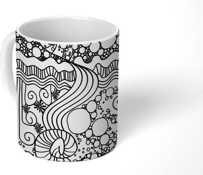 Mok - Koffiemok - Patronen - Abstract - Line Art - Zwart Wit - Mokken - 350 ML - Beker - Koffiemokken - Theemok