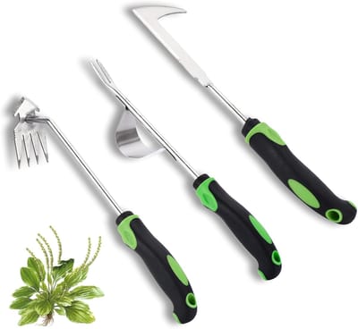 Set 3-Delig Roestvrijstalen Handonkruidwieders - Onkruidtrekker-Set - Rvs Onkruidwieder - Tuingereedschappen - Onkruidverwijderaar - Met Rubberen Handvat - Voor Tuin, Terras, Bloembedden en Trottoirs