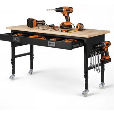 VEVOR Werkbank 1524x610 mm, Werkblad 680 kg, In hoogte verstelbaar 760-1010 mm, Garagetafel met lade, stopcontact, wielen en gereedschapsbord, Werktafel voor garage, werkplaats, kantoor