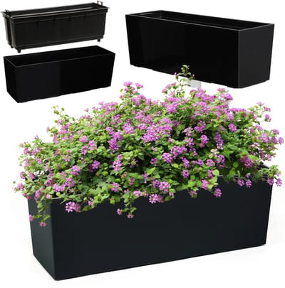 KADAX Bloembak van kunststof, 18,5 x 56 cm, plantenbak met inzetstuk, weerbestendige balkonbak, rechthoekige bloembak, bloempot voor buiten, glad patroon, zwart