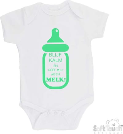 100% katoenen Romper "Blijf kalm en geef mij mijn MELK!" Unisex Katoen Wit/mint Maat 56/62
