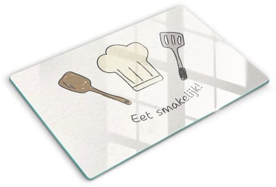 Wallfluent Glazen Snijplanken - Eet smakelijk! Snijplanken Glas - 80 cm x 52 cm - Wit Snijplanken van Glas - Glazen Hakplank - Snijplank van Glas met Print - Antislip Keuken Snijplank Glas