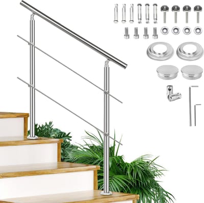 Trapleuning - Roestvrij Stalen - 80cm - 2 Dwarsbalken - voor binnen en buiten - In Hoek Verstelbaar Trapleuningen - met Kogelring en 2 Palen - voor Trap Balkon Terras Borstwering - Ø 42 mm