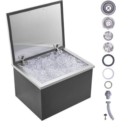 VEVOR Drop-in ijsbox, 44,24 L roestvrijstalen ijskoeler, 507 x 407 x 333 mm commerciële ijscontainer met scharnierend deksel, ingebouwde ijsopslagkist, afvoerpijp en afvoerplug inbegrepen