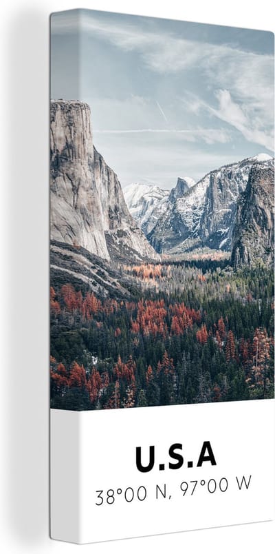 Canvas Schilderij Yosemite - Amerika - Wyoming - Bos - Bergen - 20x40 cm - Wanddecoratie