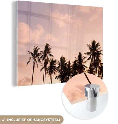 MuchoWow® Glasschilderij 160x120 cm - Schilderij acrylglas - Pastel - Lucht - Palmboom - Foto op glas - Schilderijen