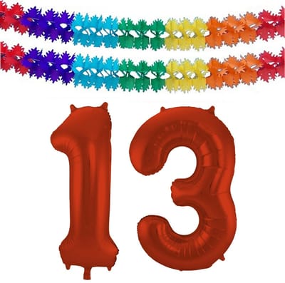 Folat Verjaardag Leeftijd folieballon - 13 jaar - rood - 86 cm - cijferballon groot - incl 2x feestslingers