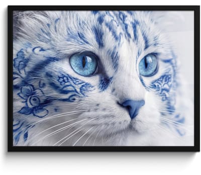 Poster in lijst - Fotolijst 80x60 cm - Posters - Kat - Patroon - Blauw - Posterlijst zwart - Decoratie - Wanddecoratie woonkamer - Muurdecoratie slaapkamer