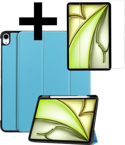 Hoes - Geschikt voor Apple iPad Air (2024/2025/2026) - 11 inch - Met Screenprotector - Trifold Bookcase - Hard Cover Case - Met Uitsparing Geschikt voor Apple Pencil - Hardcover Book - Tablet Hoesje - Lichtblauw