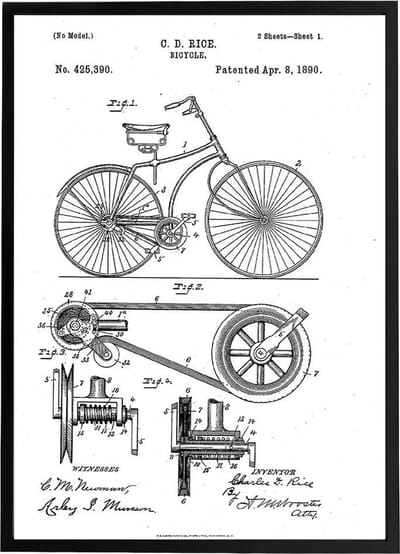Vintage Poster Patent Fiets - Charles D. Rice - Blauwdruk Retro - Large 50x70 cm - Zwart / Wit