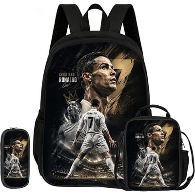Voetbal Sportrugzak Ronaldo 3-delige Set Schoolrugzak Leren, Reizen Etui, Lunchtas, Voetbalster Boekentas