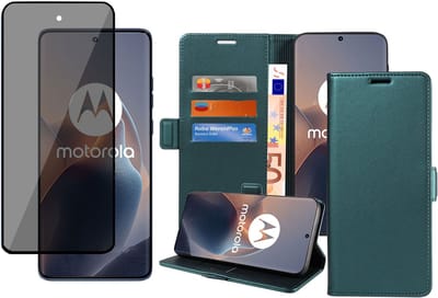 Book Case & Privacy Screenprotector geschikt voor Motorola Edge 50 Neo / Edge 60 Neo Hoesje Screenprotector - Privé - Gehard Glas Cover - Magnetische Sluiting - Portemonnee Turqoise