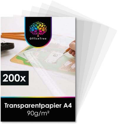 OfficeTree Transparant Papier A4 - 90 g/m² - Bedrukbaar - Perkamentpapier voor Overtrekpapier, Architectenpapier en Knutselwerk - 200 Vellen