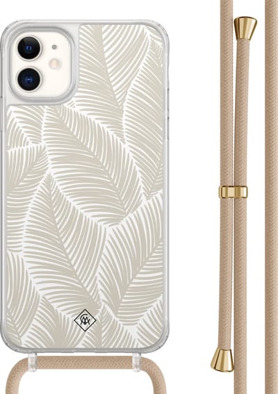 Casimoda® hoesje met beige koord - Geschikt voor iPhone 11 - Palm Leaves Beige - Afneembaar koord - TPU/acryl - Bruin/beige