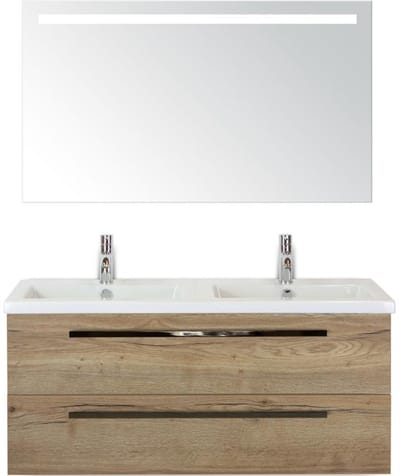 Seville Badmeubelset 120 cm - 2 Laden Natuur Eiken - Wastafel Djazz Dubbel met Sence Spiegel